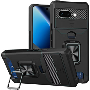 Hr Premium Multi-Functional Card Magnetic Ring Stand Hybrid Camera Case Cover For Google Pixel 10A - Black