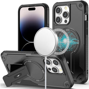 HR PREMIUM STURDY BRACKET KICKSTAND MAGNETIC HYBRID CASE FOR IPHONE 14 PRO MAX 6.7" - BLACK