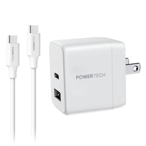 Powertech 20W PD Dual-Port USB-A & USB-C Wall Charger W/ 4' C-C Cable - White