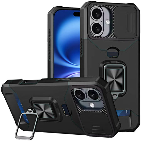 Premium Multi-Functional Card Magnetic Ring Stand Hybrid Camera Case Cover For iPhone 17 - Black