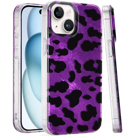 Premium Glitter Double Layer Design IMD TPU Case For iPhone 15 - Purple Leopard