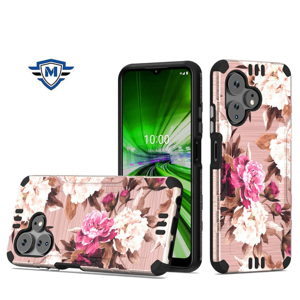 Metkase Strong Tough Metallic Design Hybrid Case In Slide-Out Package For Celero 3 Plus - Romantic Pink White Roses Floral