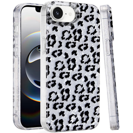 Premium Glitter Double Layer Design IMD TPU Case For iPhone 16E /SE4 (2025) - Silver Leopard