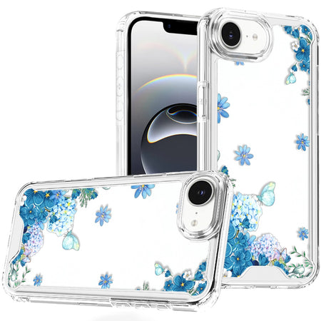 Premium Beautiful TPU Designs Case For iPhone 16E / SE4 (2025) - Blue Floral Cascade W/ Sparkles