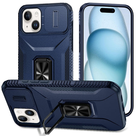 Premium Complete Magnetic Metal Ring Stand Camera Protection Hybrid Case For iPhone 15 - Blue