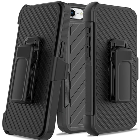 Premium Noble Lined Shockproof Dual Layer Hybrid Case With Holster For iPhone 16E / SE4 - Black/Black