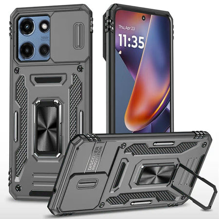 Premium Utter Tough Metal Ring Movable Camera Window Hybrid Case For Motorola Moto G 5G 2025 - Gray
