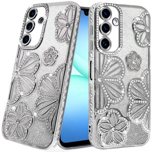 Premium Pro Max Shimmer Glitter Floral Design Thick TPU Case For Samsung A17 5G - Silver