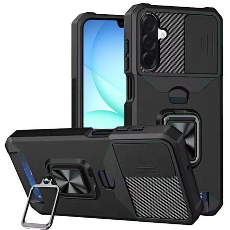 Premium Multi-Functional Card Magnetic Ring Stand Hybrid Camera Case For Samsung A17 5G - Black