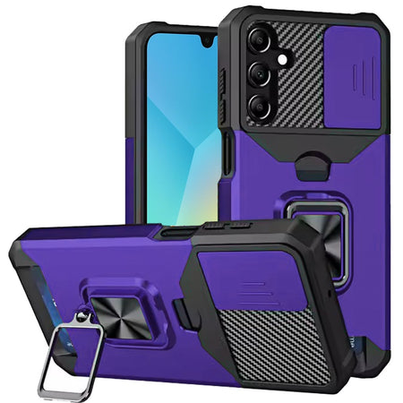Premium Multi-Functional Card Magnetic Ring Stand Hybrid Camera Case For Samsung A16 5G - Dark Purple