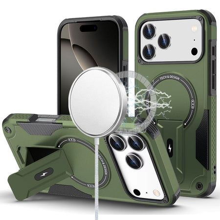 Premium Sturdy Bracket Kickstand Magnetic Hybrid Case For iPhone 17 Pro Max - Midnight Green