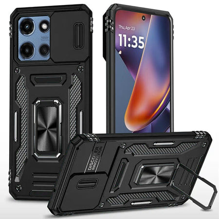 Premium Utter Tough Metal Ring Movable Camera Window Hybrid Case For Motorola Moto G Power 5G 2025 - Black