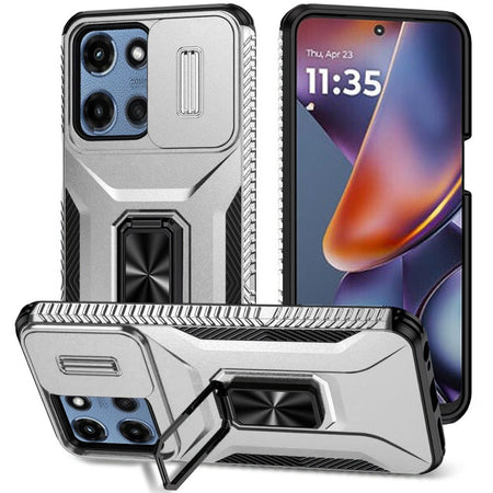 Premium Complete Magnetic Metal Ring Stand Camera Protection Hybrid Case For Motorola Moto G 5G 2025 - Silver