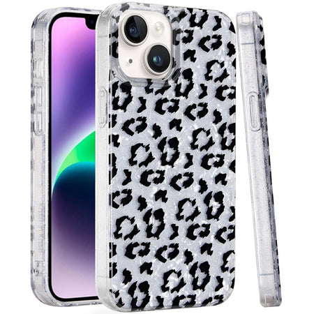Premium Glitter Double Layer Design IMD TPU Case For iPhone 13/14 - Silver Leopard