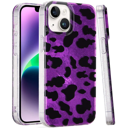 Premium Glitter Double Layer Design IMD TPU Case For iPhone 13/14 - Purple Leopard
