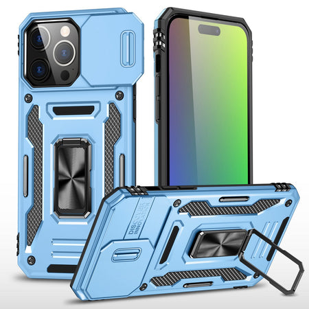 Premium Utter Tough Metal Ring Movable Camera Window Hybrid Case For iPhone 15 - Light Blue