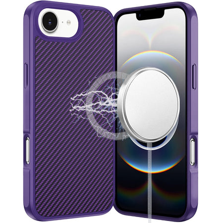 Premium Carbonfiber Design Magnetic Ring HQ Thick 2.0mm Hybrid Case For iPhone 16E (E Edition) / SE4 (2025) - Dark Purple