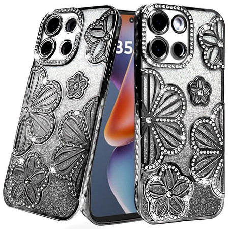 Premium Shimmer Glitter Floral Design Thick TPU Case For Motorola Moto G 5G 2025 - Black
