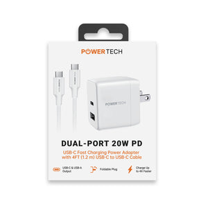 Powertech PD 20W Dual-Port USB-A & USB-C Wall Charger W/ 4' C-C Cable - White
