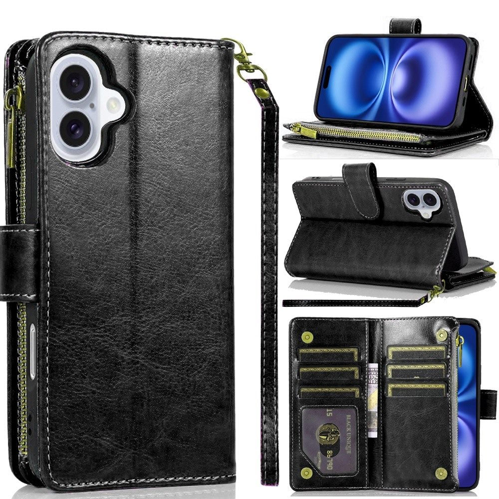 Premium Luxury Wallet Card Id Zipper Money Holder Case For iPhone 17 - Black