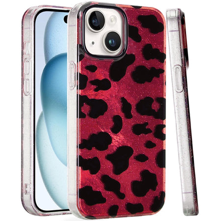 Premium Glitter Double Layer Design IMD TPU Case For iPhone 13/14 - Red Leopard