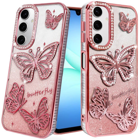 Premium Butterfly Freedom Shimmer Glitter Thick TPU Case For Samsung A17 5G - Rose Gold