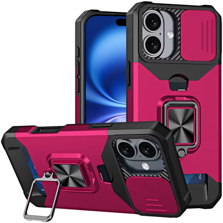 Premium Multi-Functional Card Magnetic Ring Stand Hybrid Camera Case Cover For iPhone 17 - Hot Pink