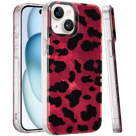 Premium Glitter Double Layer Design IMD TPU Case For iPhone 15 - Red Leopard