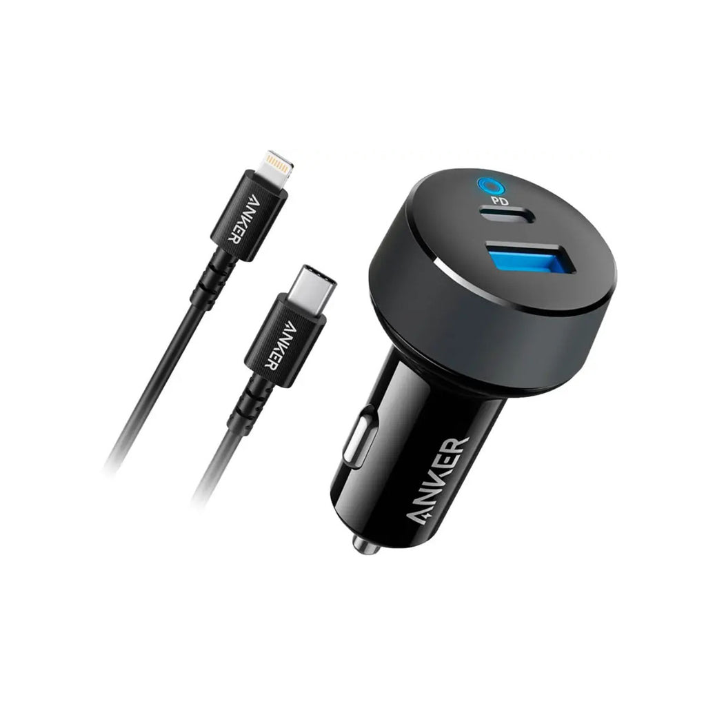 Anker Powerdrive 30W PD Dual-Port (USB-A & USB-C) Car Charger W/ USB-C To Lightning Cable - Black