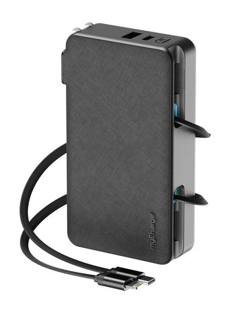 myCharge 10K Mah Retractacharger W/ Built-In Usb-C & Lightning Cables W/ Ac - Black