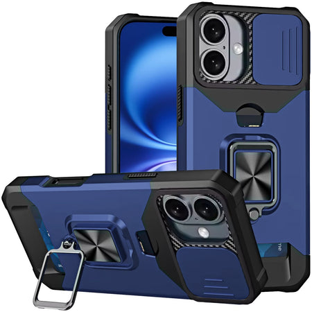 Premium Multi-Functional Card Magnetic Ring Stand Hybrid Camera Case Cover For iPhone 17 - Blue