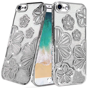 Premium Shimmer Glitter Floral Design Thick TPU Case Cover For iPhone 16E / SE4 - Silver