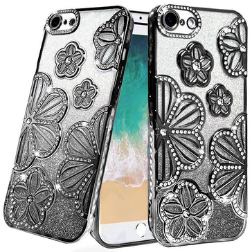 Premium Shimmer Glitter Floral Design Thick TPU Case Cover For iPhone 16E / SE4 - Black