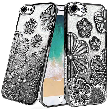 Premium Shimmer Glitter Floral Design Thick TPU Case Cover For iPhone 16E / SE4 - Black