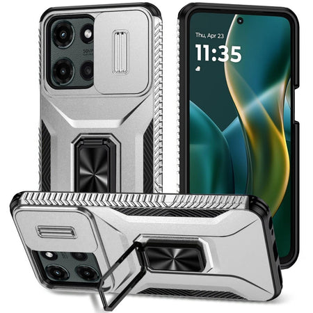Premium Complete Magnetic Metal Ring Stand Camera Protection Hybrid Case For Moto G Stylus 5G 2025 - Silver