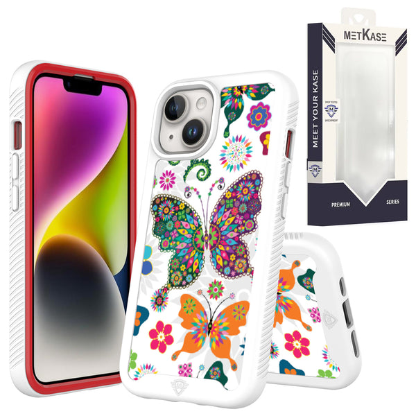Metkase Premium Exotic Design Hybrid Case In Slide-Out Package For iPhone 15 Plus - Colorful Butterflies