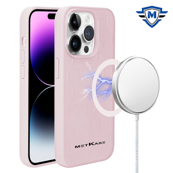 Metkase Boundless Liquid Silicone [Magnetic Circle] Thick Lined Design Hybrid Case For iPhone 15 - Light Pink