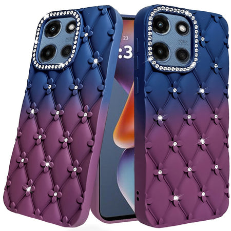 Premium Floral Joy Glitter Shimmer Leather TPU Case For Motorola Moto G 5G 2025 - Dark Blue/Burgundy