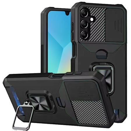 Premium Multi-Functional Card Magnetic Ring Stand Hybrid Camera Case For Samsung A16 5G - Black