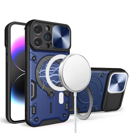 Premium Magnetic Ring Stand Classic Design Full Camera Protection Hybrid Case For iPhone 15 - Blue
