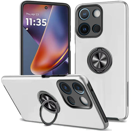 Premium Chief Oil Painted Magnetic Ring Stand Hybrid Case Cover For Motorola Moto G 5G 2025 - Silver