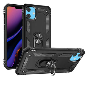 Premium Ring Magnetic Kickstand Hybrid Case For iPhone 15 - Black
