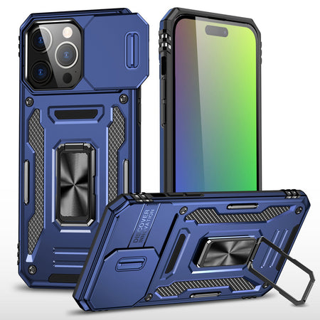 Premium Utter Tough Metal Ring Movable Camera Window Hybrid Case For iPhone 15 - Navy Blue