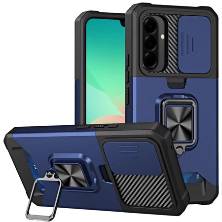 HR Premium Multi-Functional Card Magnetic Ring Stand Hybrid Camera Case Cover For Samsung Galaxy A27 - Blue
