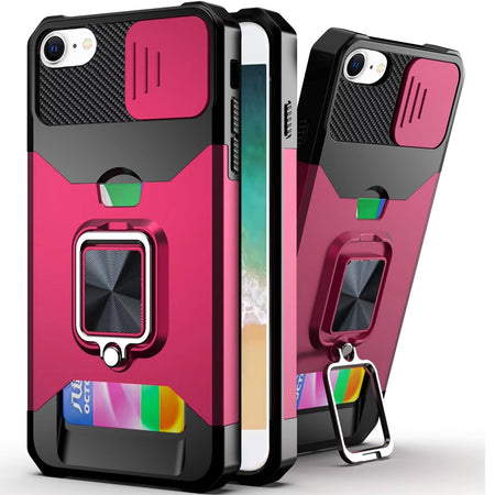 Premium Multi-Functional Card Magnetic Ring Stand Hybrid Camera Case for iPhone 16E / SE4 - Hot Pink
