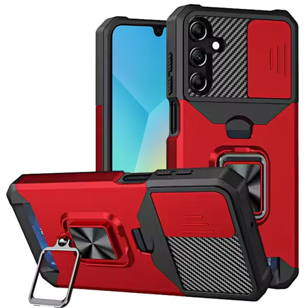 Premium Multi-Functional Card Magnetic Ring Stand Hybrid Camera Case For Samsung A16 5G - Red