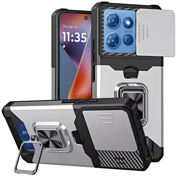 Premium Multi-Functional Card Magnetic Ring Hybrid Case For Motorola Moto G 5G 2025 - Silver