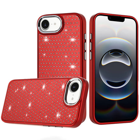 Premium Beautiful Diamond Metallic Design Metal Chrome Edged Hybrid Case For iPhone 16E (E Edition) / SE4 (2025) - Red