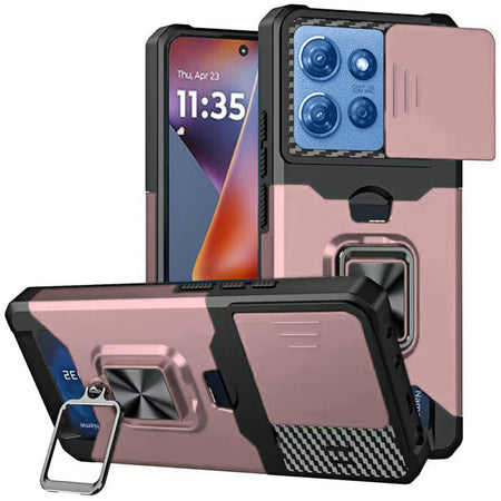 Premium Multi-Functional Card Magnetic Ring Hybrid Case For Motorola Moto G 5G 2025 - Rose Gold