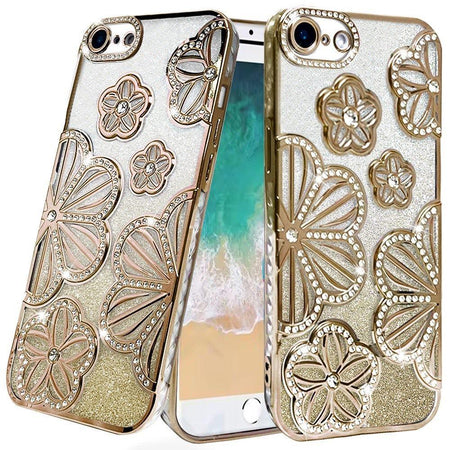 Premium Shimmer Glitter Floral Design Thick TPU Case Cover For iPhone 16E / SE4 - Gold